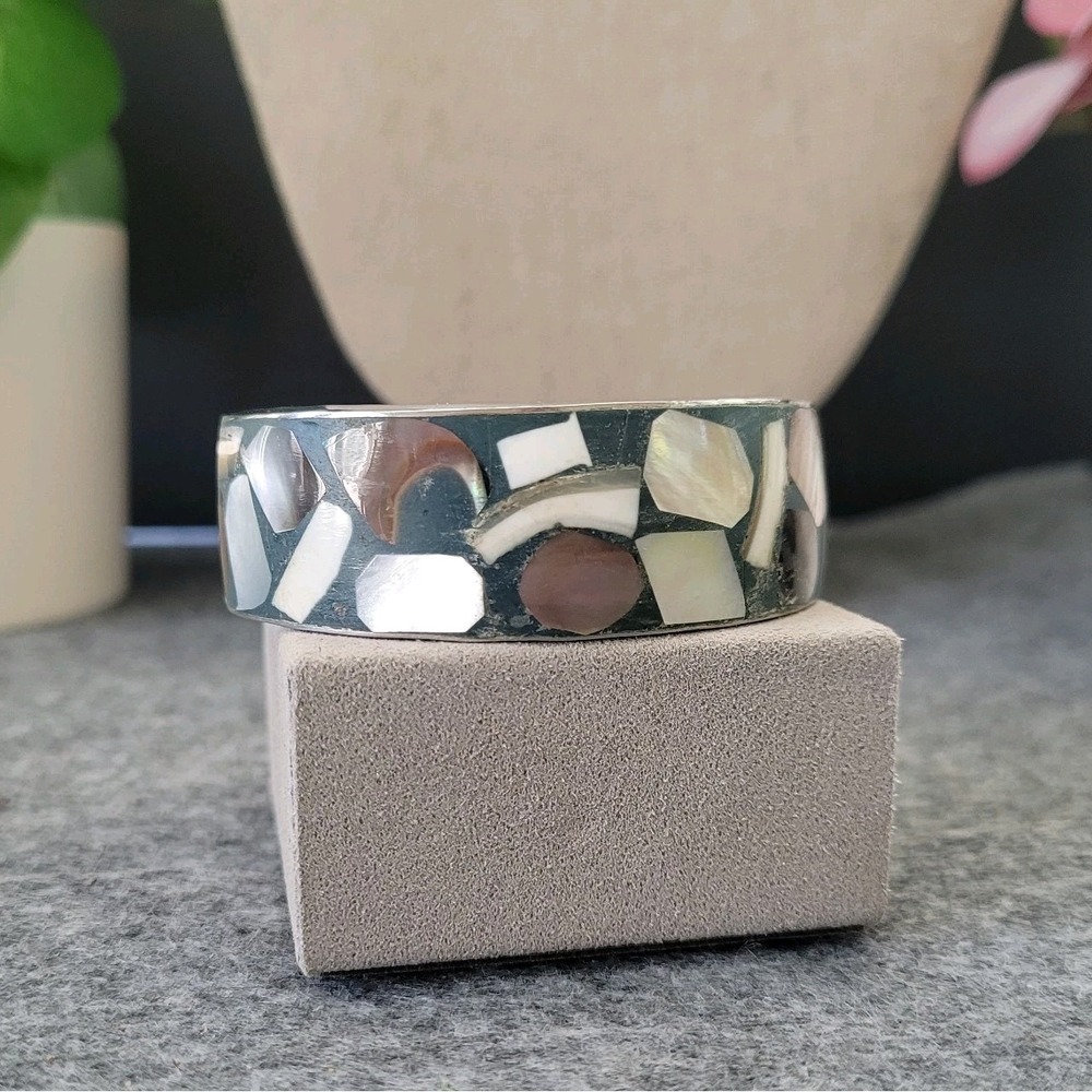Modernist Mosaic Inlay Wide Cuff Bracelet Multicolor Statement 6.25in